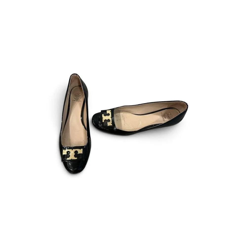 Tory Burch Heels Black Size 9M Patent Leather Gigi Block Pumps Gold Round Toe